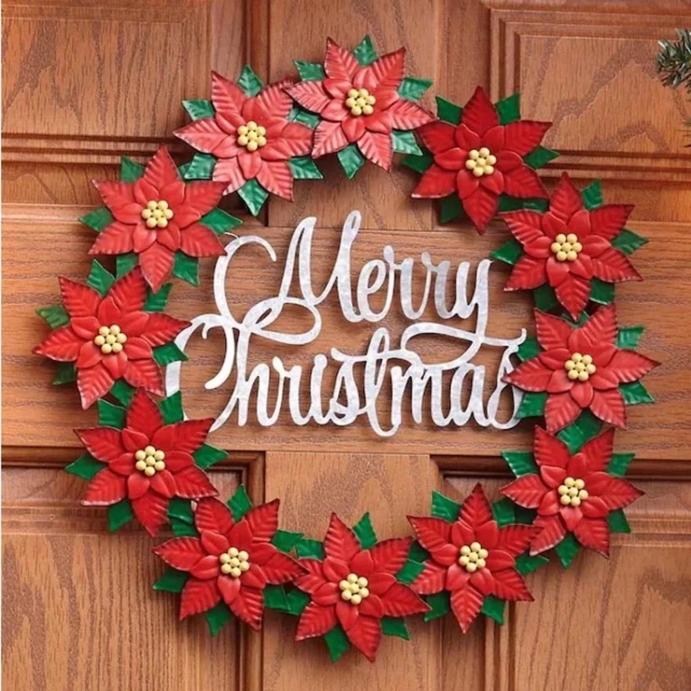 NIB Seasonal Metal Merry Christmas Poinsettias Wreaths
